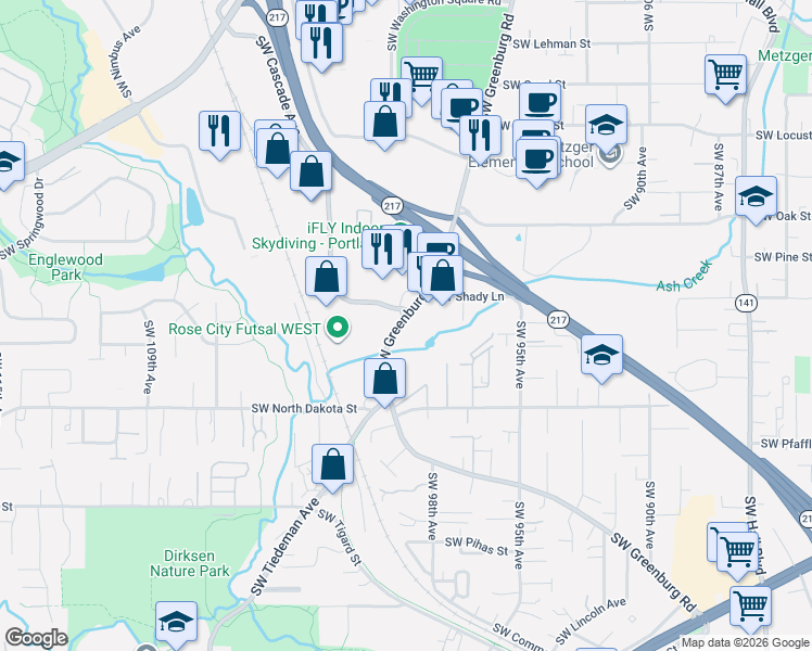 map of restaurants, bars, coffee shops, grocery stores, and more near in Tigard