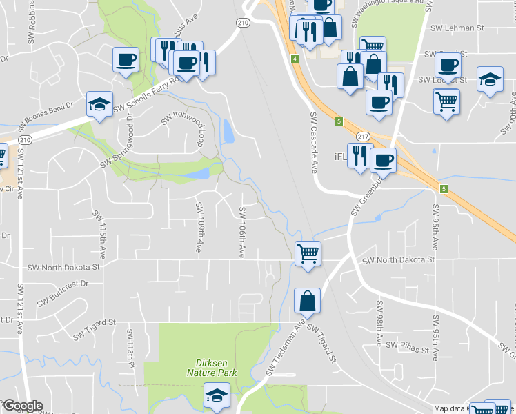 map of restaurants, bars, coffee shops, grocery stores, and more near 10569 Southwest Windsor Place in Tigard