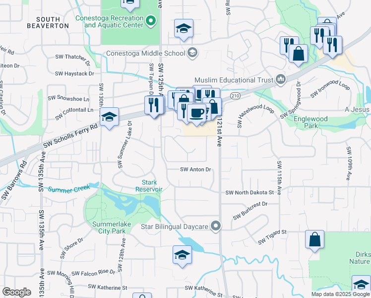 map of restaurants, bars, coffee shops, grocery stores, and more near 12505 Southwest North Dakota Street in Tigard