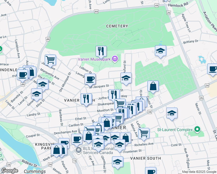 map of restaurants, bars, coffee shops, grocery stores, and more near in Ottawa