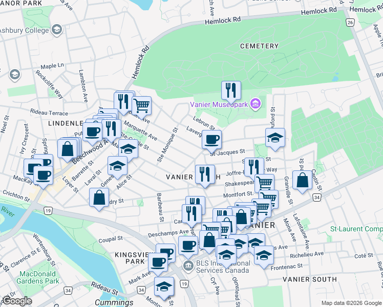 map of restaurants, bars, coffee shops, grocery stores, and more near in Ottawa