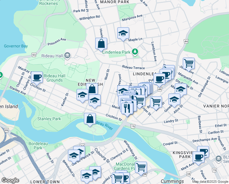 map of restaurants, bars, coffee shops, grocery stores, and more near in Ottawa