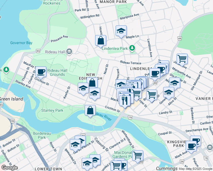 map of restaurants, bars, coffee shops, grocery stores, and more near in Ottawa