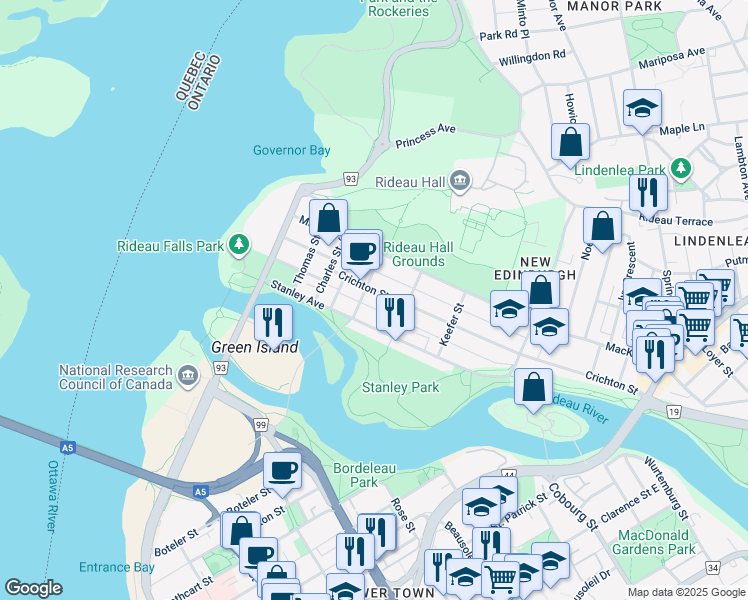 map of restaurants, bars, coffee shops, grocery stores, and more near 39 Crichton Street in Ottawa