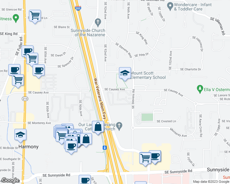 map of restaurants, bars, coffee shops, grocery stores, and more near 9414 Southeast Causey Avenue in Happy Valley