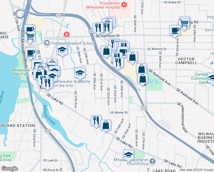 map of restaurants, bars, coffee shops, grocery stores, and more near 11303 Southeast 32nd Avenue in Milwaukie