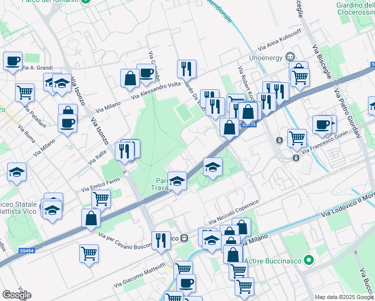 map of restaurants, bars, coffee shops, grocery stores, and more near 1 Via Sebastiano Caboto in Corsico