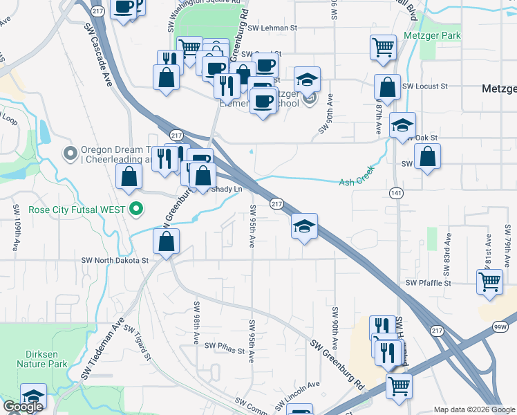 map of restaurants, bars, coffee shops, grocery stores, and more near 9425 Southwest Longstaff Street in Tigard