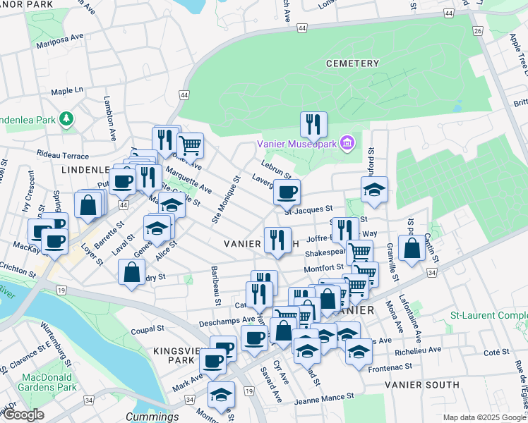 map of restaurants, bars, coffee shops, grocery stores, and more near in Ottawa