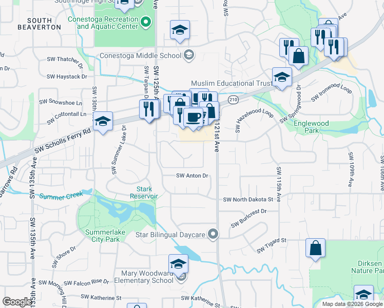 map of restaurants, bars, coffee shops, grocery stores, and more near Meadow Circle in Tigard