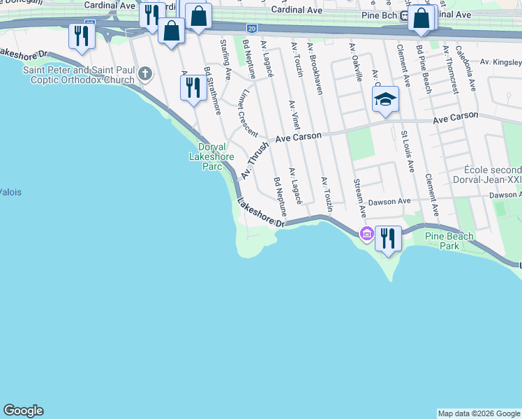 map of restaurants, bars, coffee shops, grocery stores, and more near 2155 Chemin du Bord-du-Lac-Lakeshore in Dorval