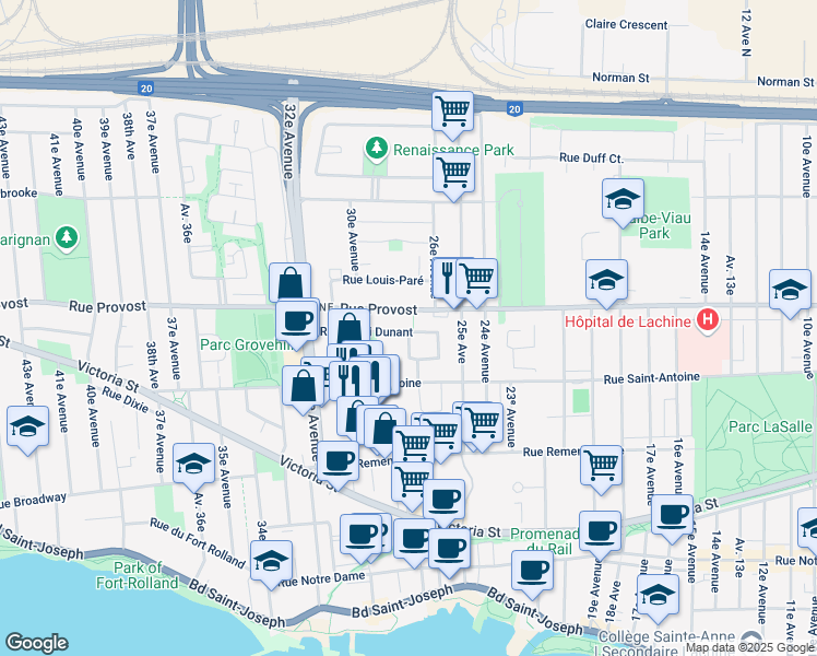 map of restaurants, bars, coffee shops, grocery stores, and more near  in Montreal