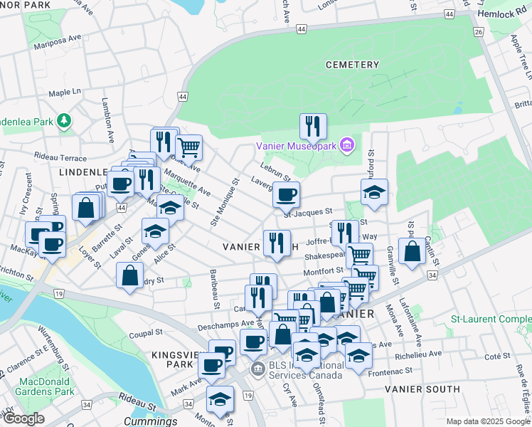 map of restaurants, bars, coffee shops, grocery stores, and more near in Ottawa