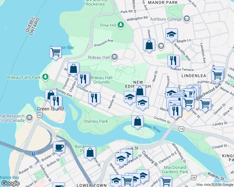 map of restaurants, bars, coffee shops, grocery stores, and more near 144 Keefer Street in Ottawa