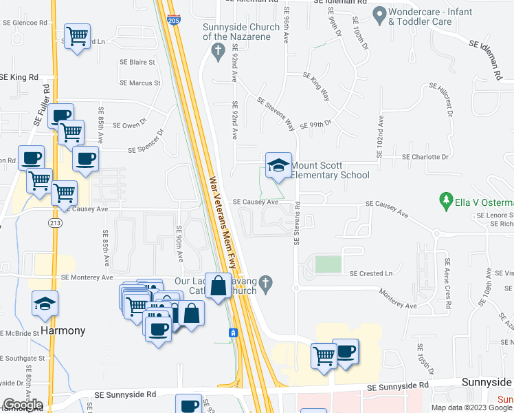 map of restaurants, bars, coffee shops, grocery stores, and more near 9408 Southeast Causey Avenue in Happy Valley