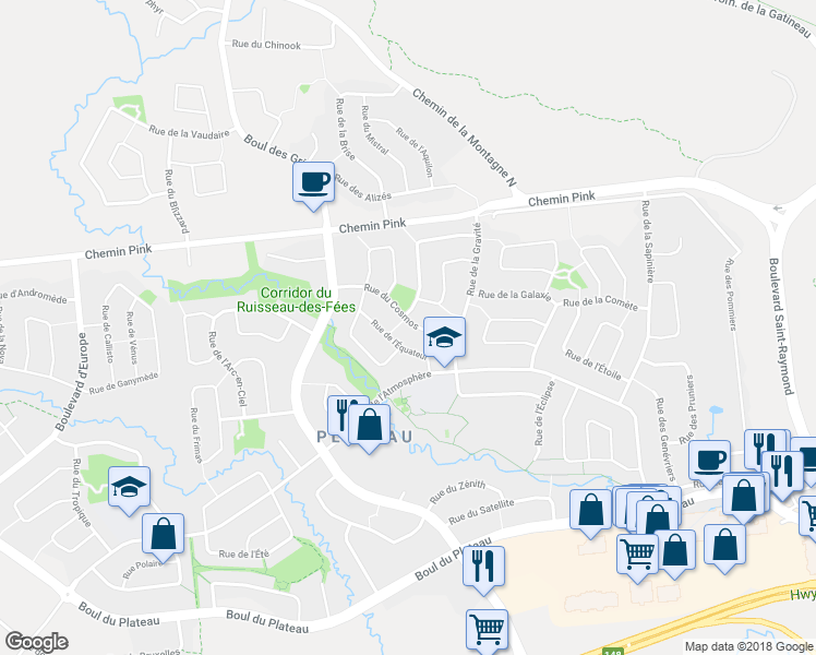 map of restaurants, bars, coffee shops, grocery stores, and more near 21 Rue du Cosmos in Gatineau