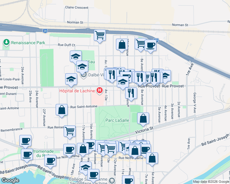 map of restaurants, bars, coffee shops, grocery stores, and more near 656 12e Avenue in Montréal