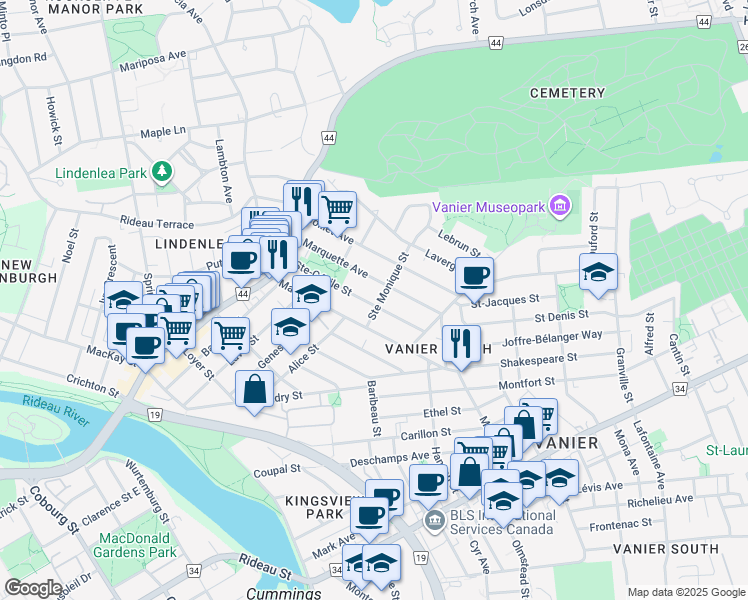 map of restaurants, bars, coffee shops, grocery stores, and more near 207 Ste Monique Street in Ottawa