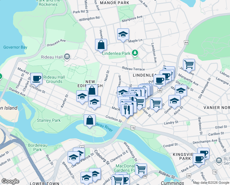 map of restaurants, bars, coffee shops, grocery stores, and more near in Ottawa