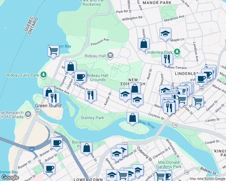 map of restaurants, bars, coffee shops, grocery stores, and more near 136 Keefer Street in Ottawa