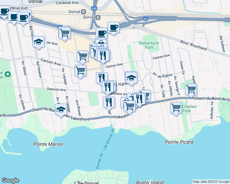 map of restaurants, bars, coffee shops, grocery stores, and more near 210 Avenue Cloverdale in Dorval