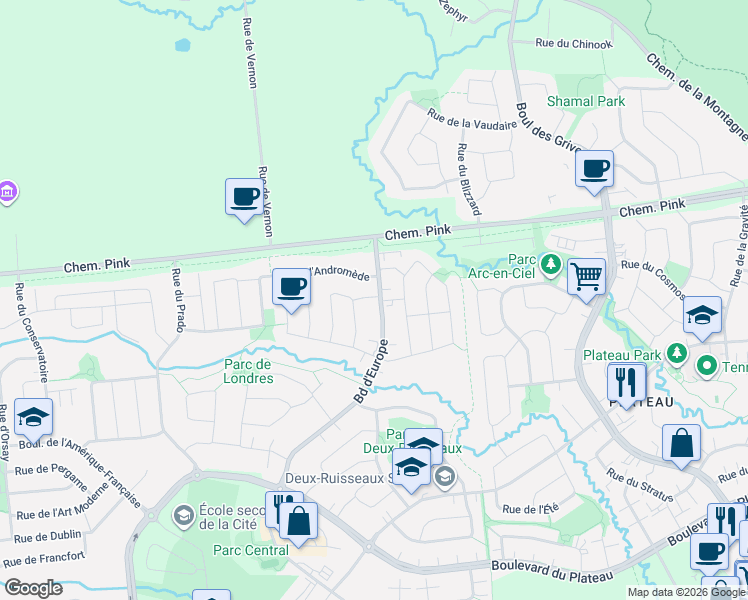 map of restaurants, bars, coffee shops, grocery stores, and more near 168 Boulevard d'Europe in Gatineau