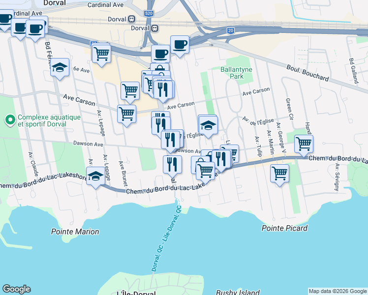 map of restaurants, bars, coffee shops, grocery stores, and more near 210 Avenue Cloverdale in Dorval