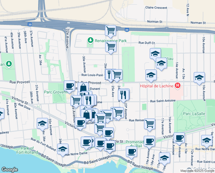 map of restaurants, bars, coffee shops, grocery stores, and more near 2525 Rue Provost in Montréal