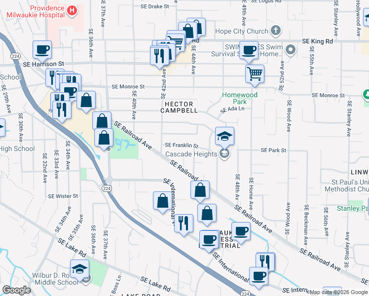 map of restaurants, bars, coffee shops, grocery stores, and more near 4318 Southeast Franklin Street in Milwaukie