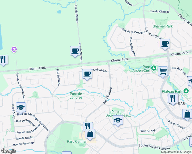 map of restaurants, bars, coffee shops, grocery stores, and more near 46 Rue du Zodiaque in Gatineau