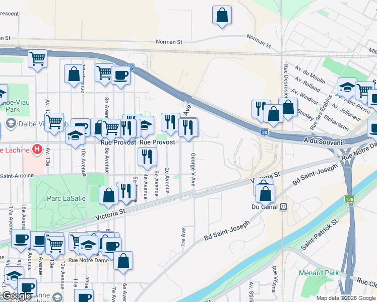 map of restaurants, bars, coffee shops, grocery stores, and more near 669 Avenue George-V in Montréal