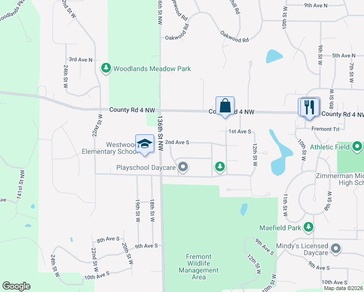 map of restaurants, bars, coffee shops, grocery stores, and more near 13530 2nd Avenue South in Zimmerman