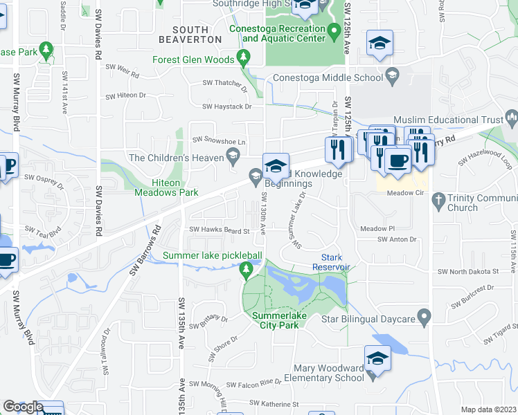 map of restaurants, bars, coffee shops, grocery stores, and more near 10855 Southwest 130th Avenue in Tigard