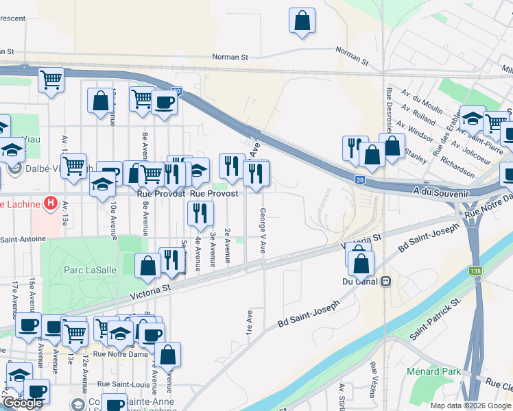 map of restaurants, bars, coffee shops, grocery stores, and more near 669 Avenue George-V in Montréal