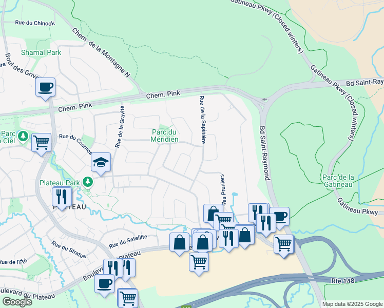 map of restaurants, bars, coffee shops, grocery stores, and more near 32 Rue de l'Équinoxe in Gatineau