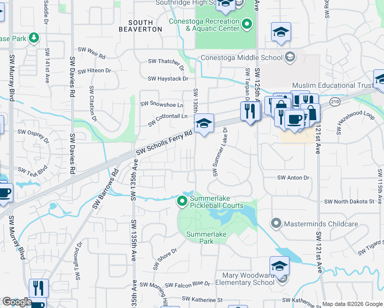 map of restaurants, bars, coffee shops, grocery stores, and more near 10855 Southwest 130th Avenue in Tigard