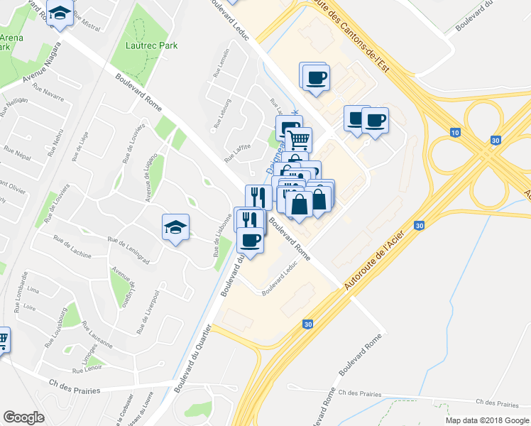 map of restaurants, bars, coffee shops, grocery stores, and more near 6305 Boulevard de Rome in Brossard