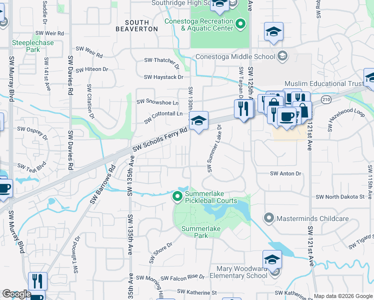 map of restaurants, bars, coffee shops, grocery stores, and more near 10925 Southwest 130th Avenue in Tigard