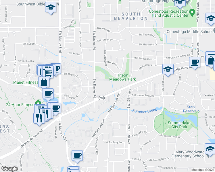 map of restaurants, bars, coffee shops, grocery stores, and more near 13775 Southwest Scholls Ferry Road in Beaverton