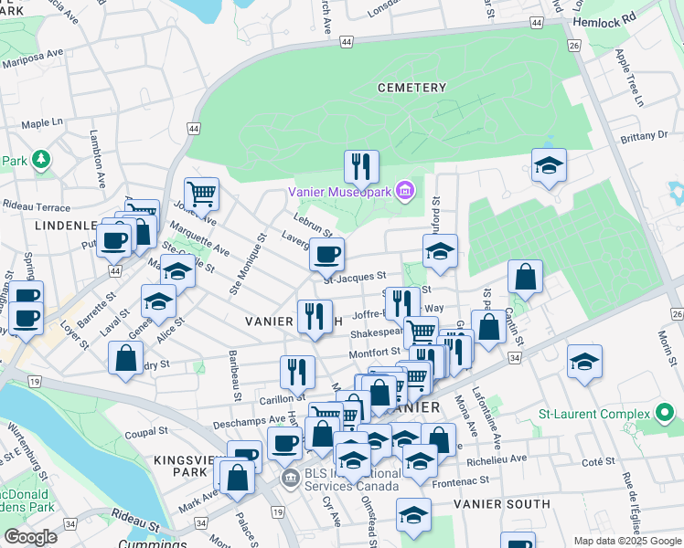 map of restaurants, bars, coffee shops, grocery stores, and more near in Ottawa