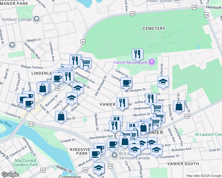 map of restaurants, bars, coffee shops, grocery stores, and more near in Ottawa