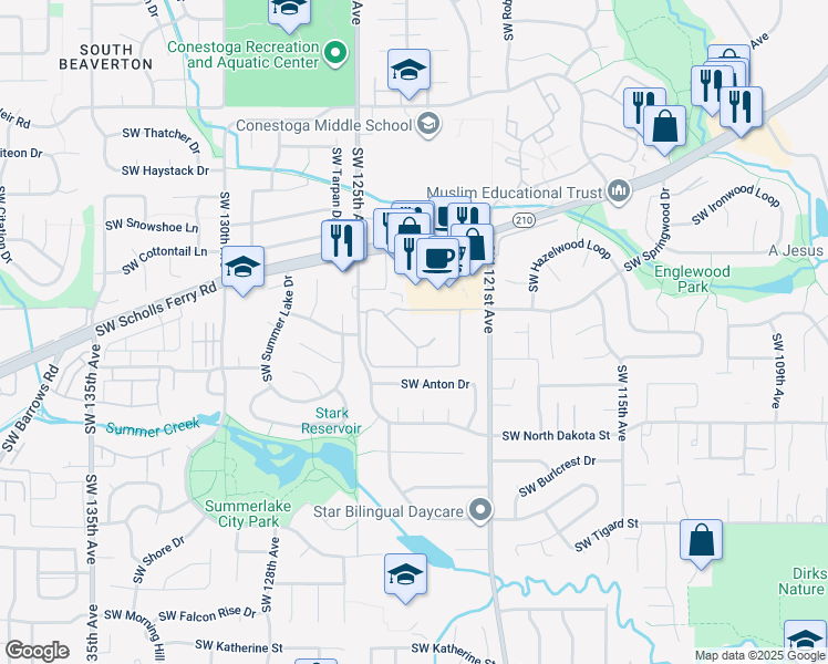 map of restaurants, bars, coffee shops, grocery stores, and more near 12505 Southwest North Dakota Street in Tigard