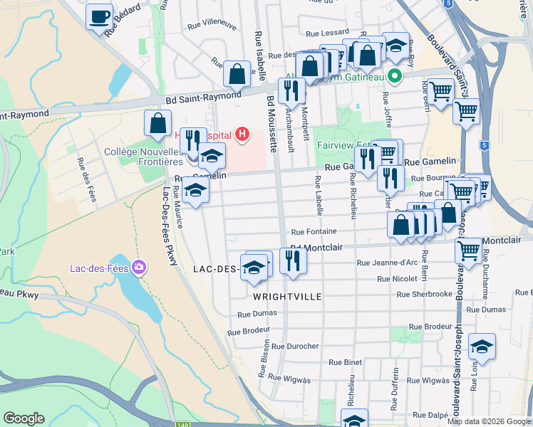 map of restaurants, bars, coffee shops, grocery stores, and more near 170 Rue Sainte-Marie in Gatineau