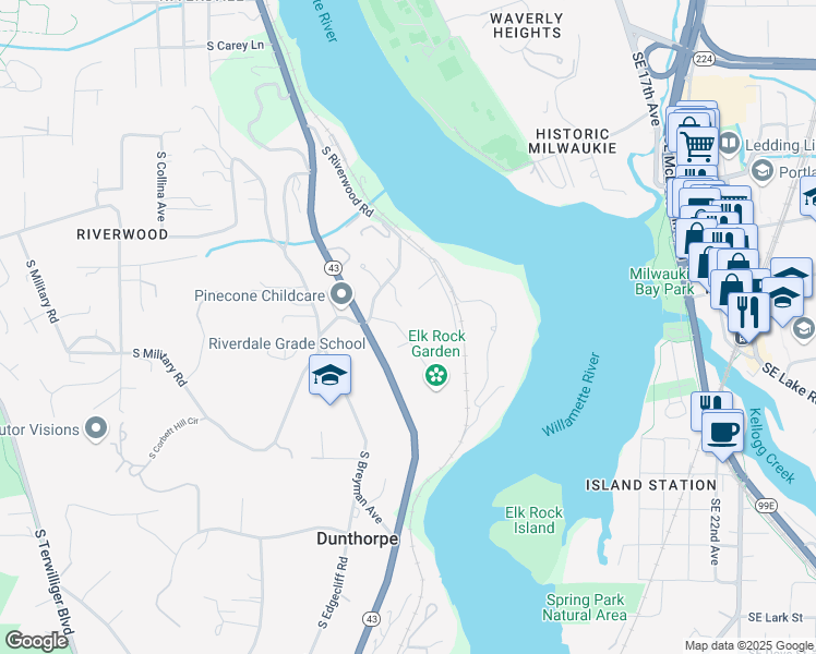 map of restaurants, bars, coffee shops, grocery stores, and more near 11626 Southwest Military Lane in Portland