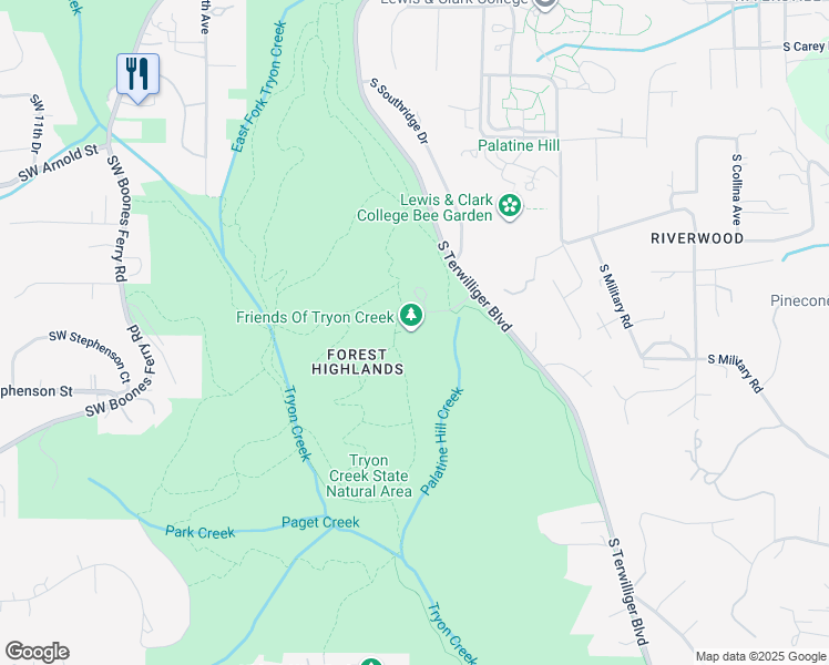 map of restaurants, bars, coffee shops, grocery stores, and more near 11321 Southwest Terwilliger Boulevard in Portland