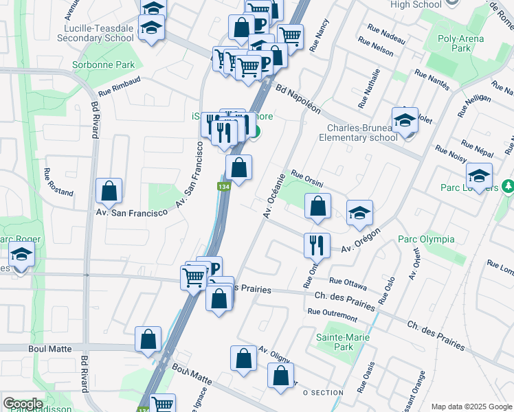 map of restaurants, bars, coffee shops, grocery stores, and more near 8520 Rue Ouimet in Brossard