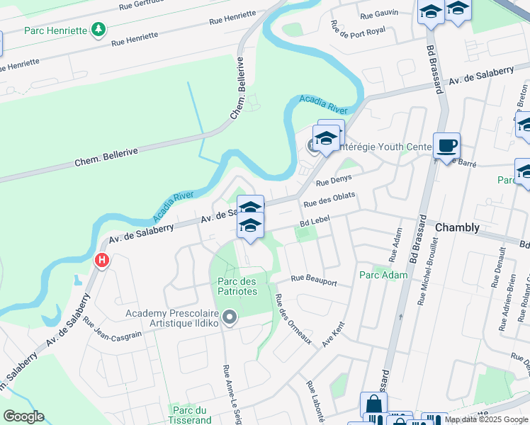 map of restaurants, bars, coffee shops, grocery stores, and more near 1600 Avenue de Salaberry in Chambly