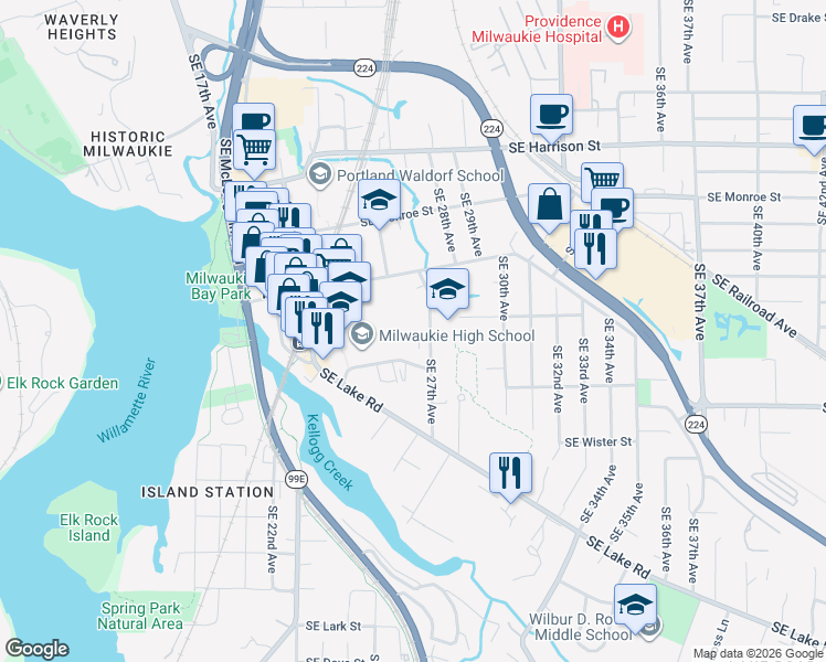 map of restaurants, bars, coffee shops, grocery stores, and more near 2621b Southeast Willard Street in Milwaukie