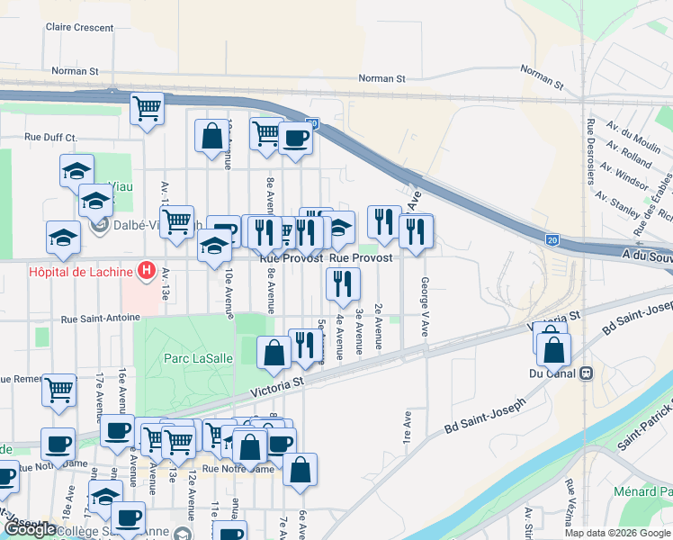 map of restaurants, bars, coffee shops, grocery stores, and more near 687 4e Avenue in Montréal