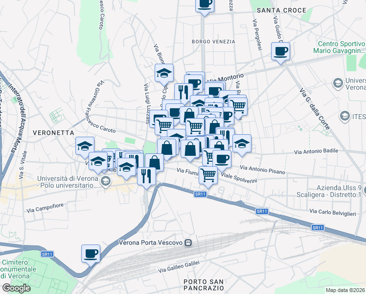 map of restaurants, bars, coffee shops, grocery stores, and more near 18 Via G. dai Libri in Verona